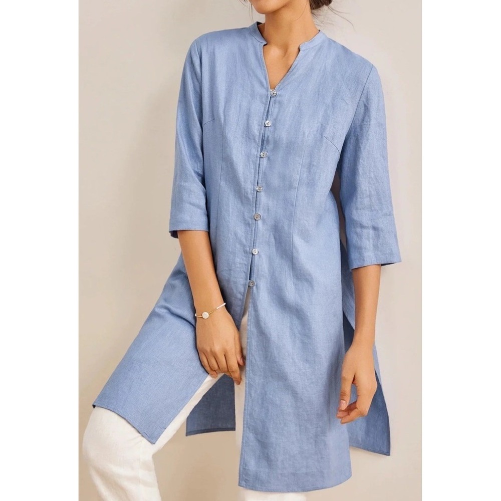 Lintico Womens Shirt Dress Tunic L Blue 100% Linen Dillon Lagenlook Button MINT